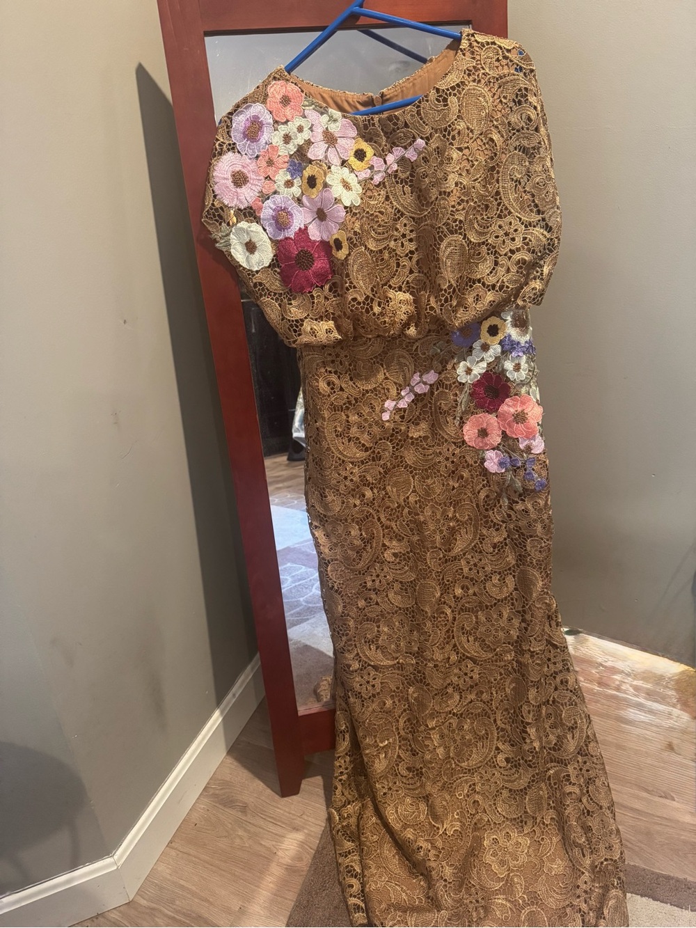 Gold Lace Evening Gown with Pink & Lavender Floral accents. Fall wedding guest - Picture 4 of 8